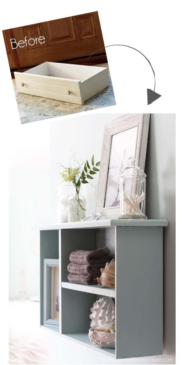 Old Drawer Becomes Divided Shadow Box Shelf #diy #weekendproject #decorhomeideas