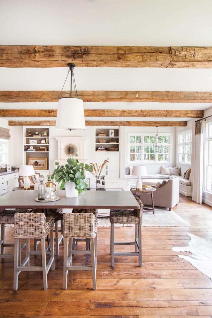 Open Floor Plan with Exposed Beams #farmhouse #design #decorhomeideas