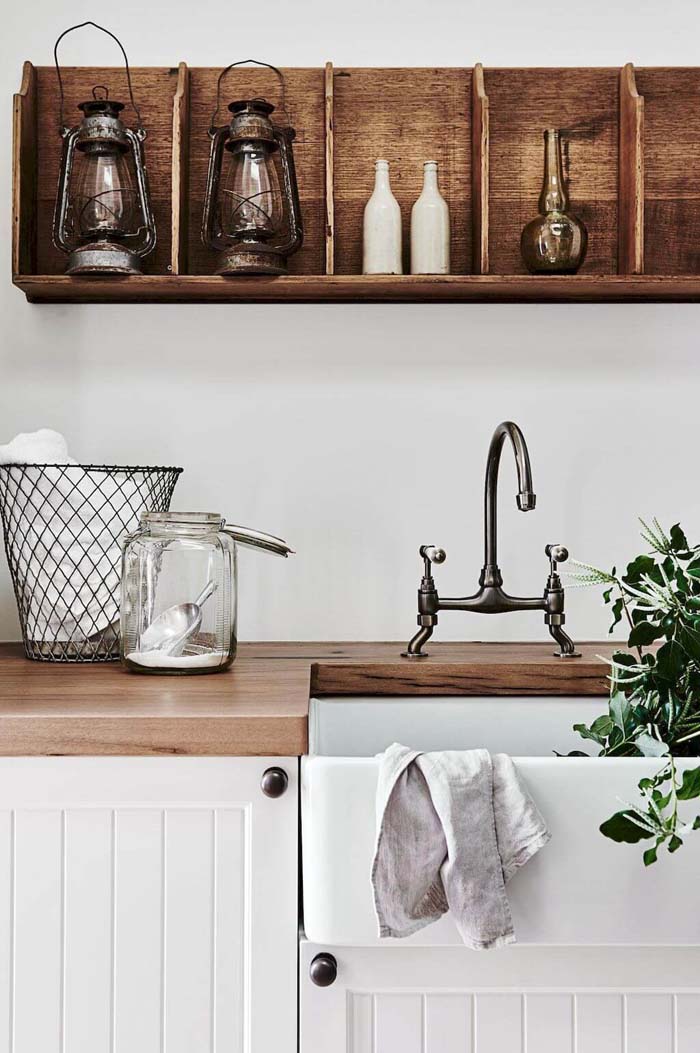 Open Shelving with Antique Lanterns #masonjarlights #masonjar #decorhomeideas