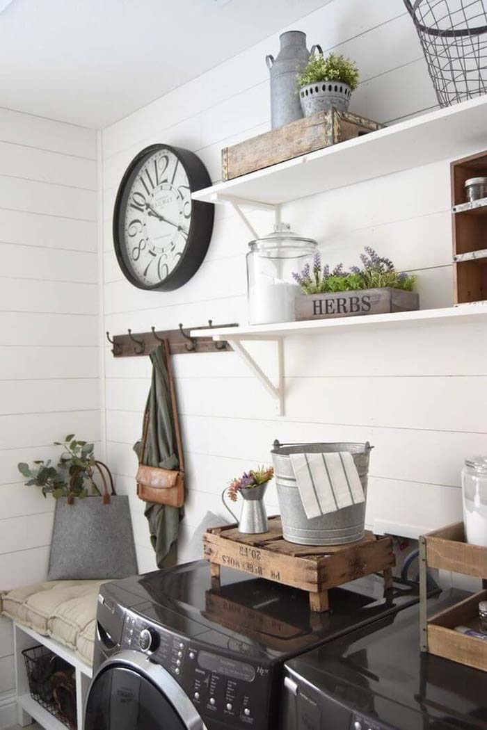 Organized Laundry Room with Charming Accents #masonjarlights #masonjar #decorhomeideas