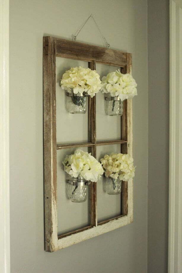 Quaint Mason Jar Window Frame Decor #masonjarlights #masonjar #decorhomeideas