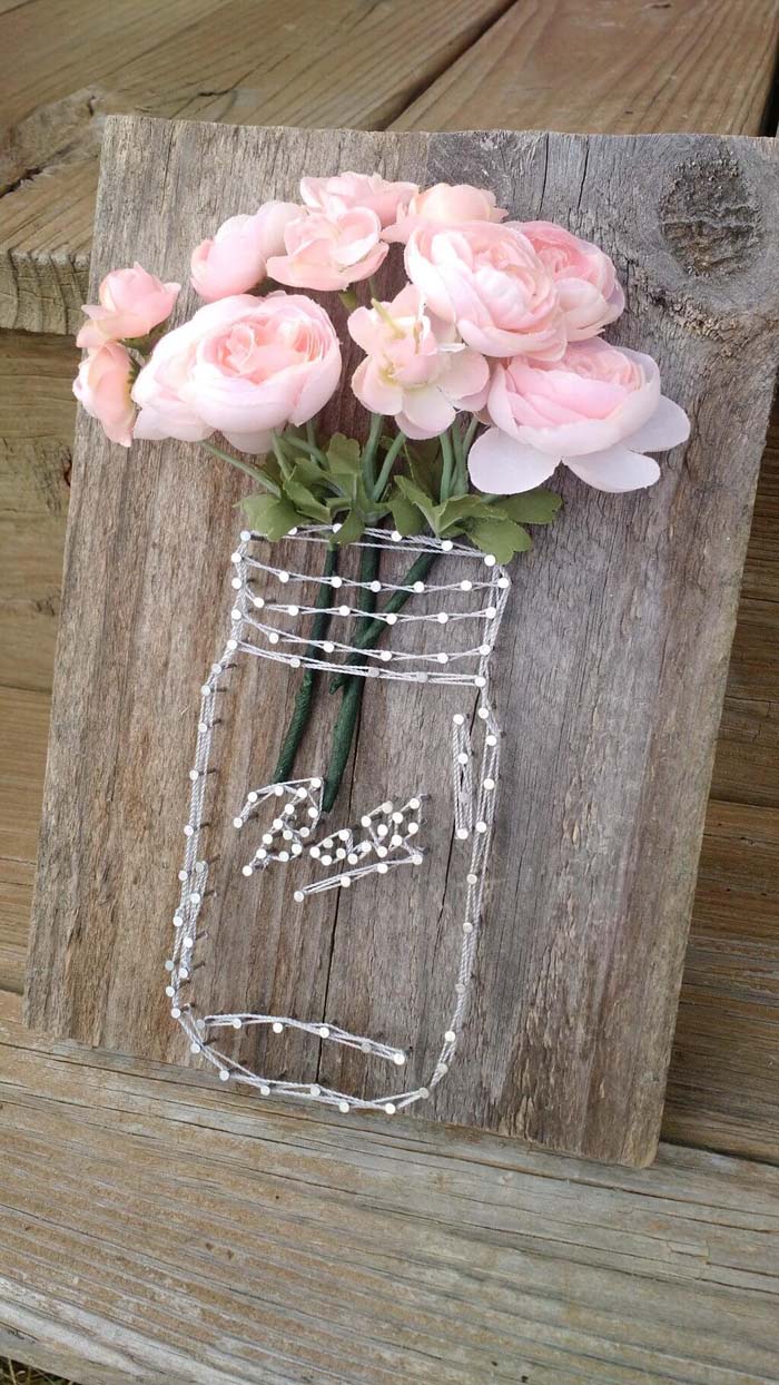 Rustic Mason Jar String Art Floral Display #spring #decor #decorhomeideas