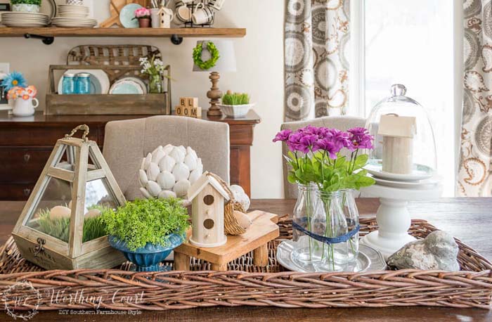 Rustic Milk Bottles with Purple Flowers #farmhouse #springdecor #decorhomeideas