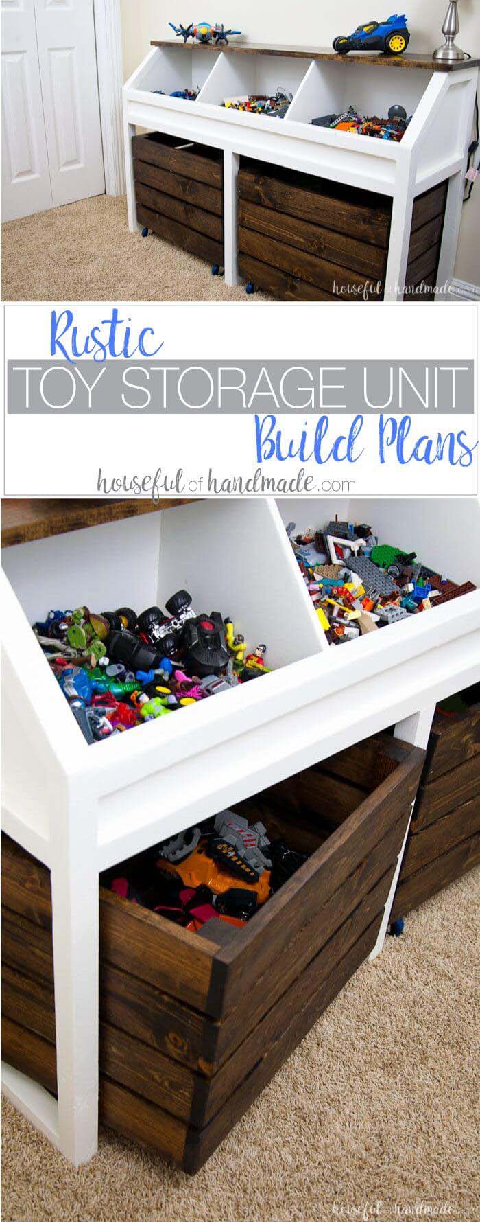 Toy Storage Console with Rolling Bins #rustic #storage #organization #decorhomeideas