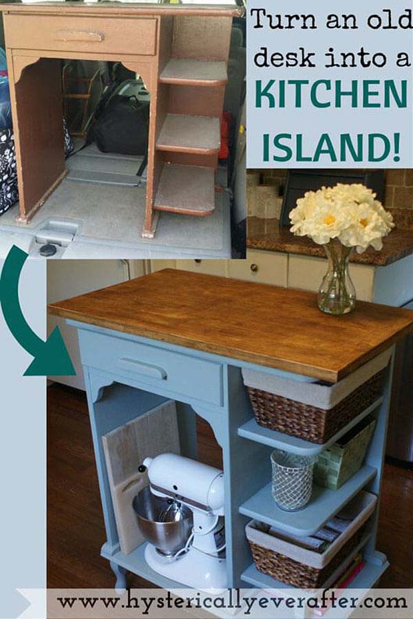 Transform an Old Desk into a New Island #diy #ktichenisland #decorhomeideas