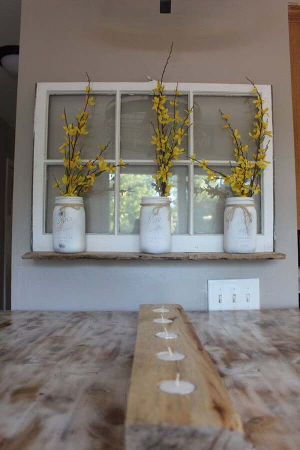 Vintage Window Whitewashed Mason Jar Wall Decor #masonjarlights #masonjar #decorhomeideas