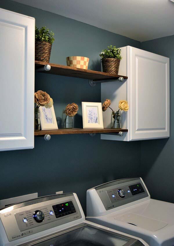 White and Wood Laundry Shelf and Storage #masonjarlights #masonjar #decorhomeideas