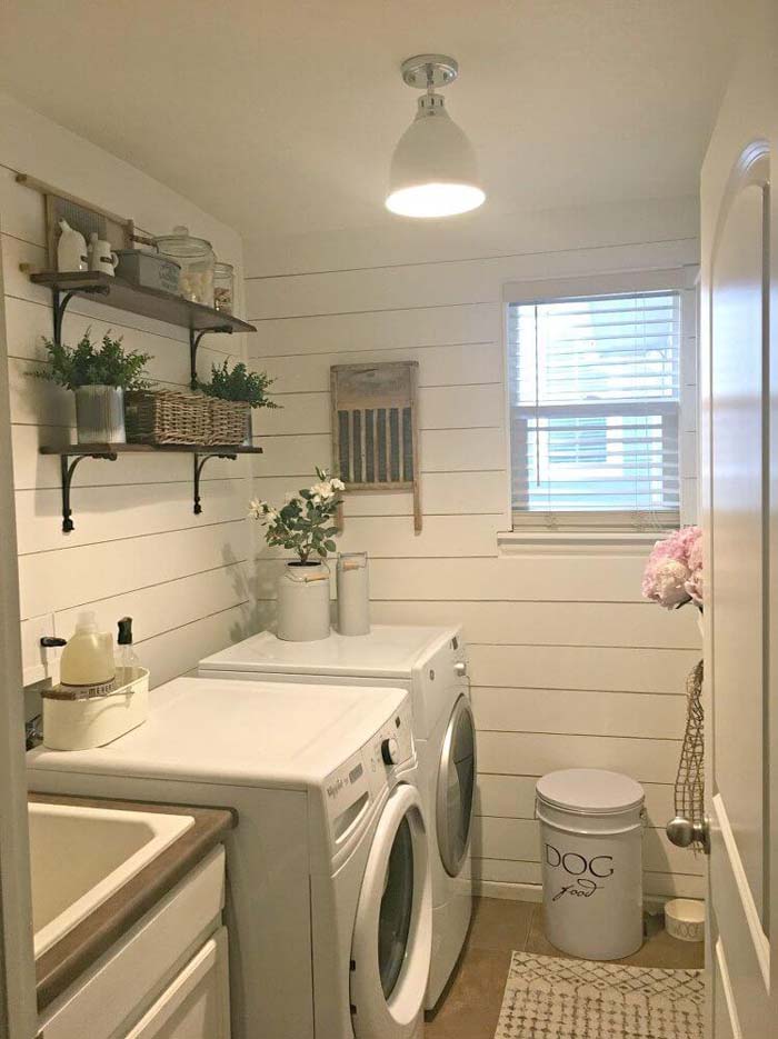 White On White Laundry Room #masonjarlights #masonjar #decorhomeideas