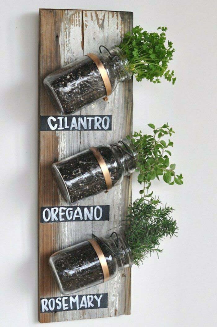 Wooden Mounted Mason Jar Spice Garden #masonjarlights #masonjar #decorhomeideas