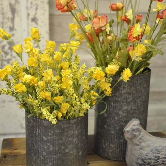 Yellow and Orange Flowers in Metal Cans #farmhouse #springdecor #decorhomeideas