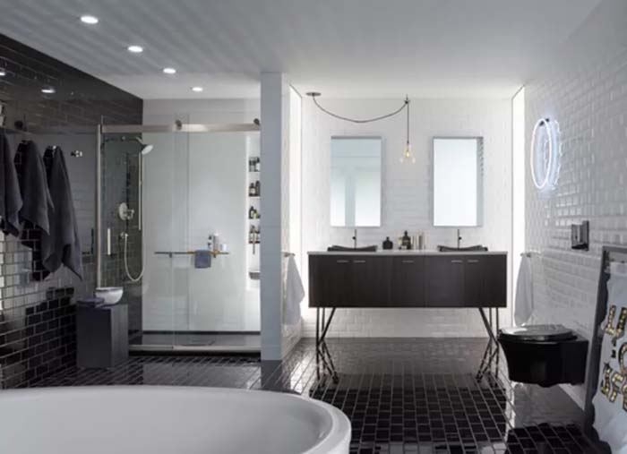 Bathroom With Black And White Subway Tile #bathroom #whiteshowertile #decorhomeideas