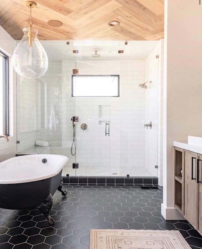 Black Hex and White Subway Tile #bathroom #whiteshowertile #decorhomeideas