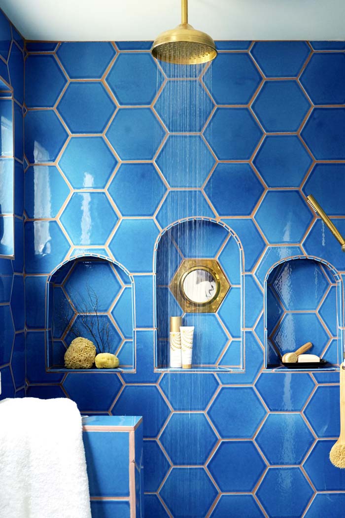 Blue Hexagon Tiled Shower With Storage #showertile #bathroom #decorhomeideas