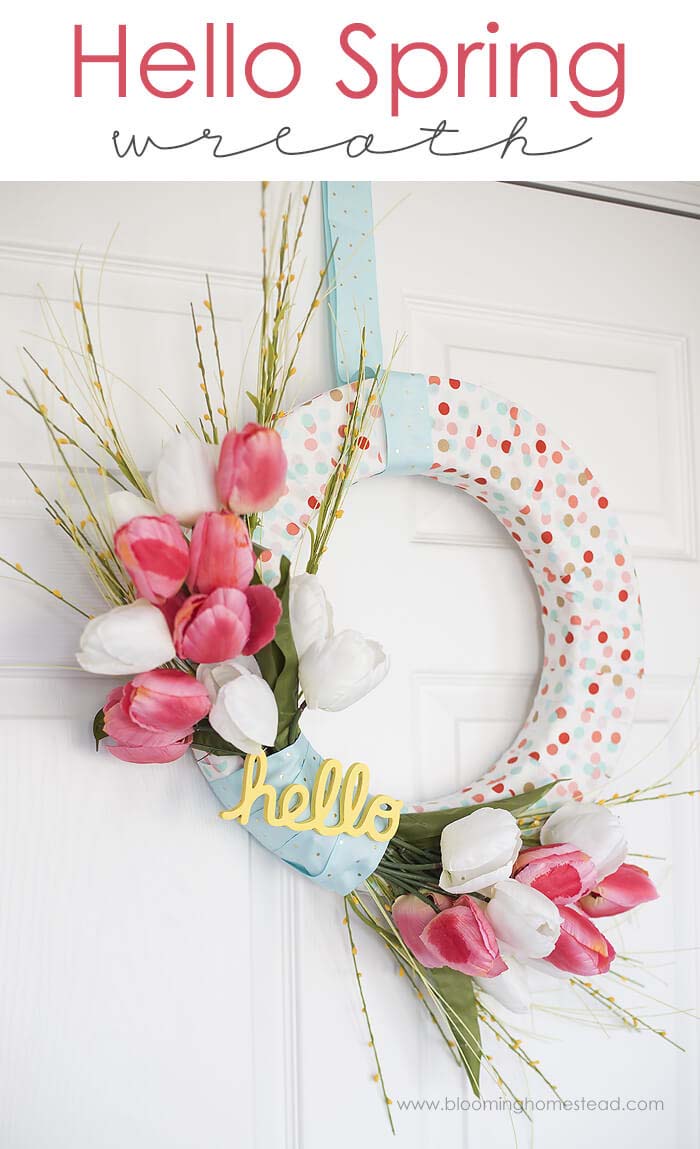 Bold Polka Dot and Tulip Greetings #springwreath #diy #decorhomeideas