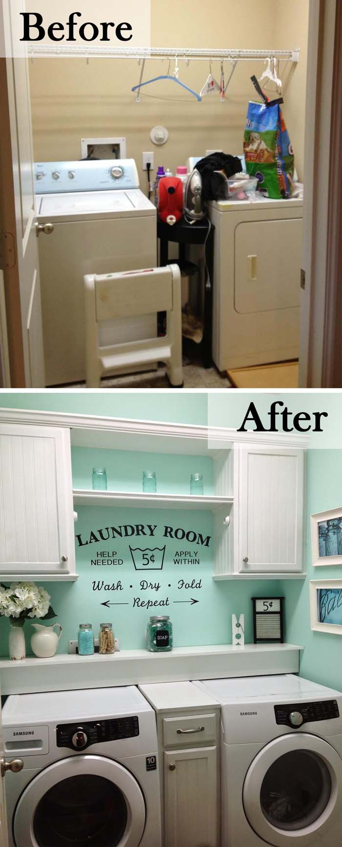 Cabinets and a Pretty Splash of Color #laundryroom #makeover #decorhomeideas