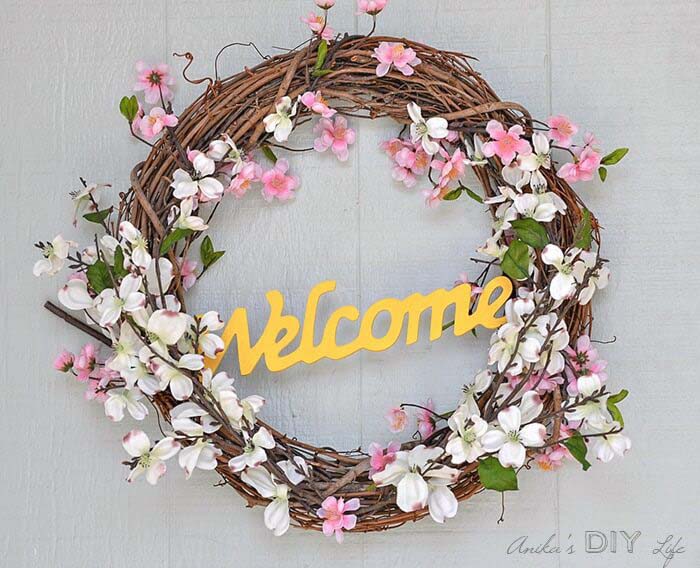 Cherry Blossom and Dogwood Grapevine Welcome Wreath #springwreath #diy #decorhomeideas