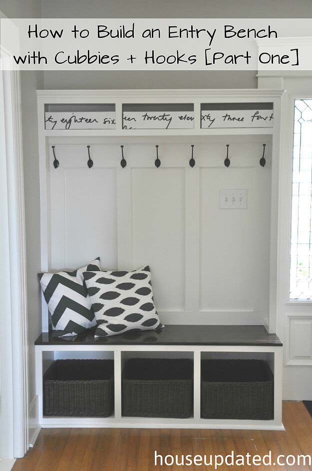 Custom Faux Built-In Entryway Storage #entrywaybench #diy #decorhomeideas