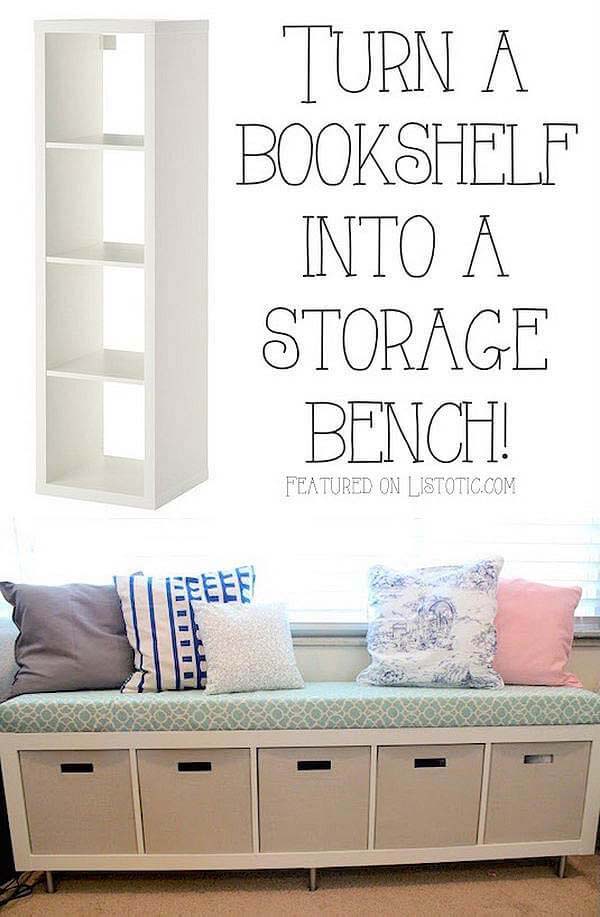 DIY Bookshelf Bench Seat with Storage Bins #entrywaybench #diy #decorhomeideas