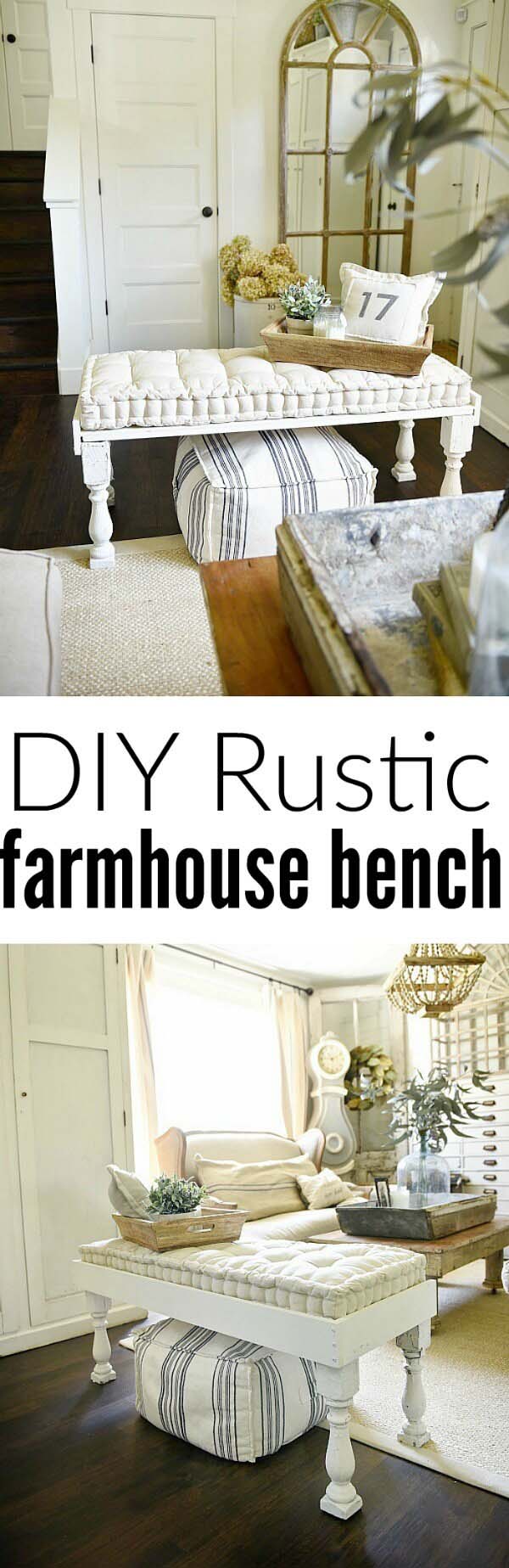 DIY Rustic Bench with Tufted Cushion #entrywaybench #diy #decorhomeideas