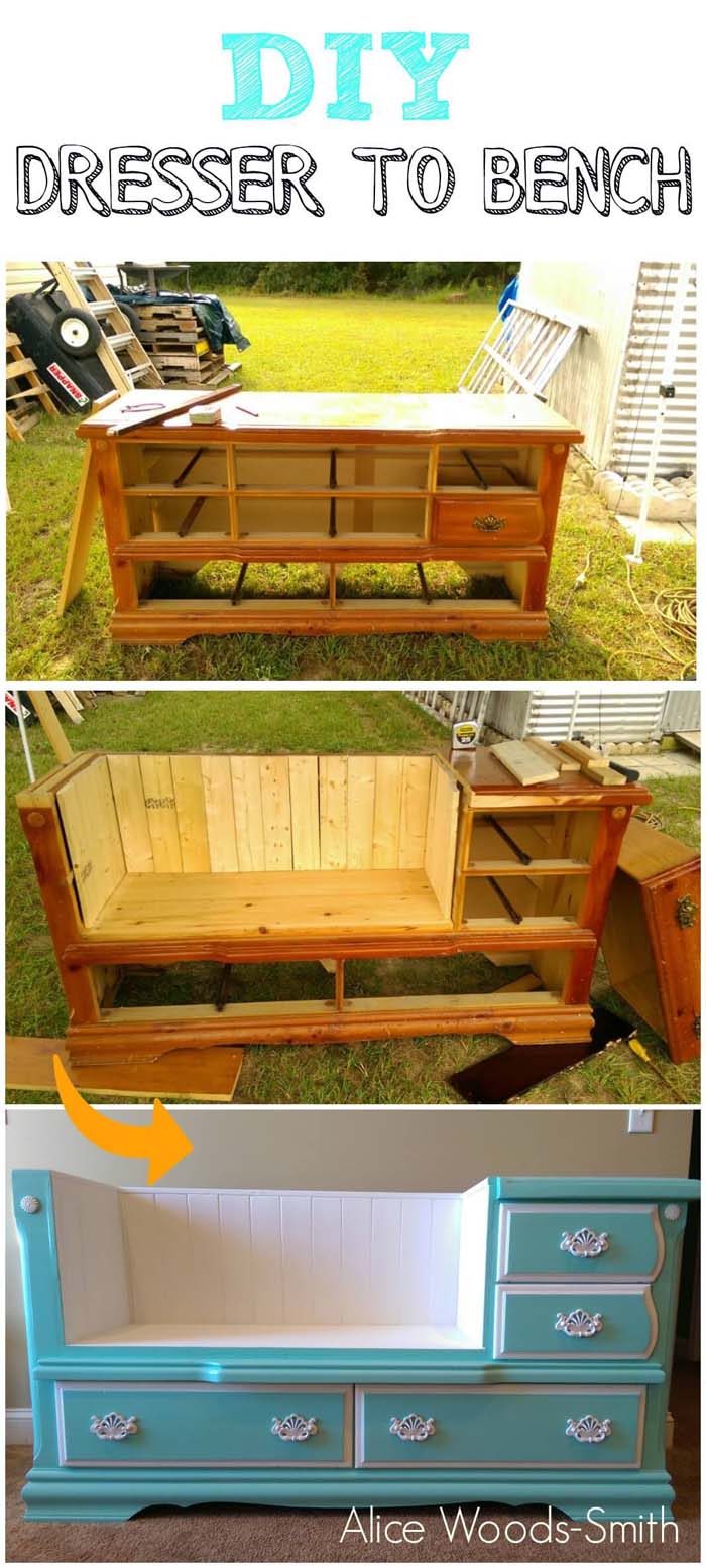 Dresser to Bench Project with Drawers #entrywaybench #diy #decorhomeideas