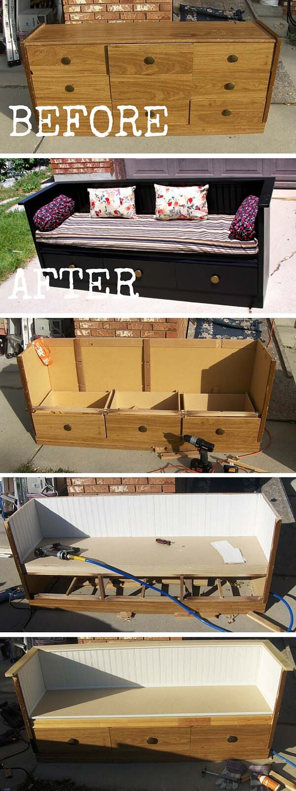 Dresser to Bench Project with Storage Drawers #entrywaybench #diy #decorhomeideas