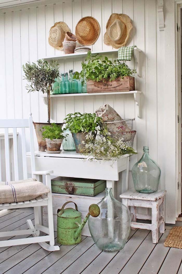 Fresh Greens and Aqua Glass #rustic #porch #vintage #decorhomeideas