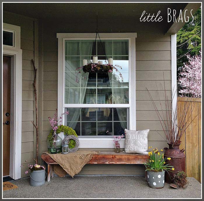 Galvanized Metal and Glass Planters, Organic Wreaths #rustic #springdecor #porch #decorhomeideas