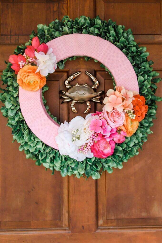 Greenery with Fabric Wrapped Wreath and Flowers #springwreath #diy #decorhomeideas