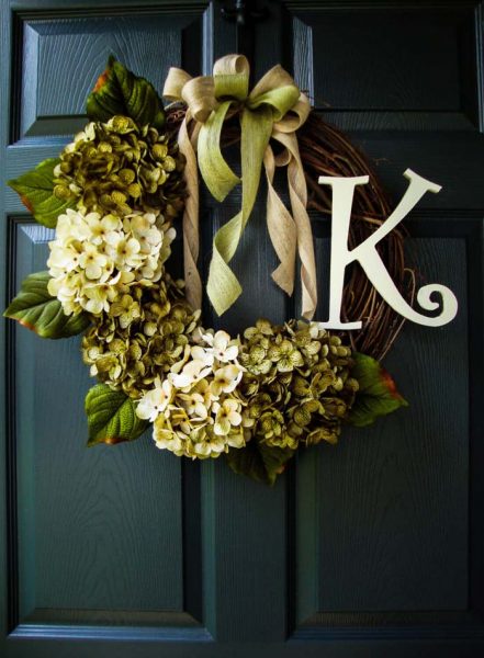 Initial Wreath With Twigs, Hydrangeas, and Ribbons #rustic #springdecor #porch #decorhomeideas