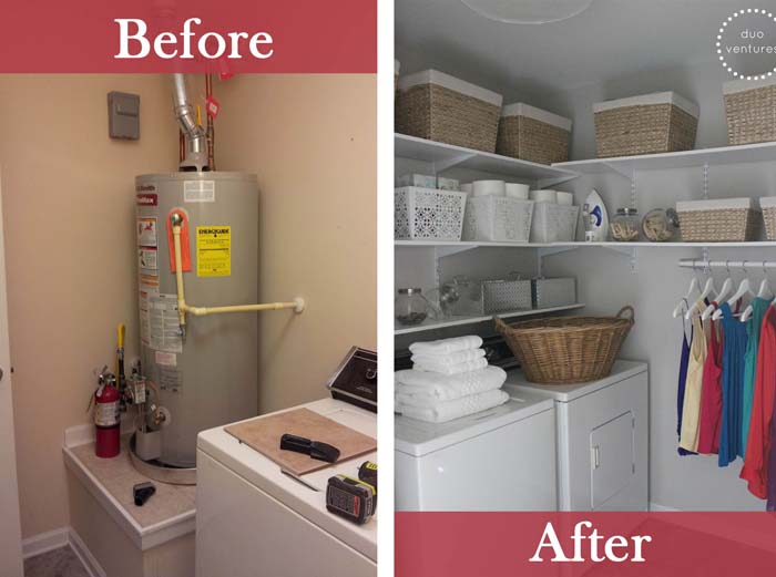 Laundry Closet with Extra Shelves and Hanging Space #laundryroom #makeover #decorhomeideas