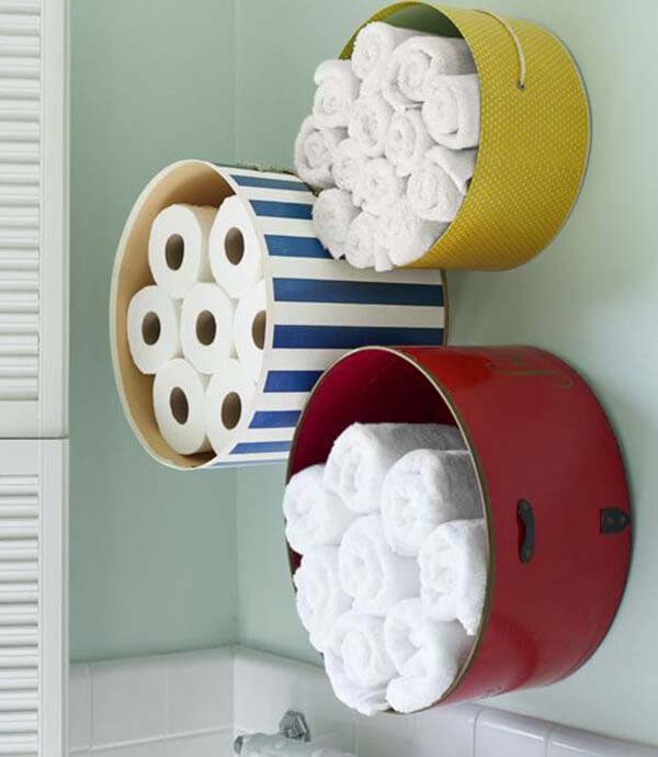 Mount Colorful Hat Boxes for Bathroom Storage #storage #organization #decorhomeideas