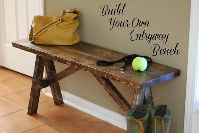 Rustic DIY Wooden Sawhorse Bench #entrywaybench #diy #decorhomeideas