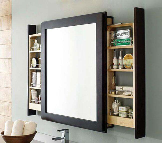 Sliding Shelves Mounted Behind Bathroom Mirror #storage #organization #decorhomeideas