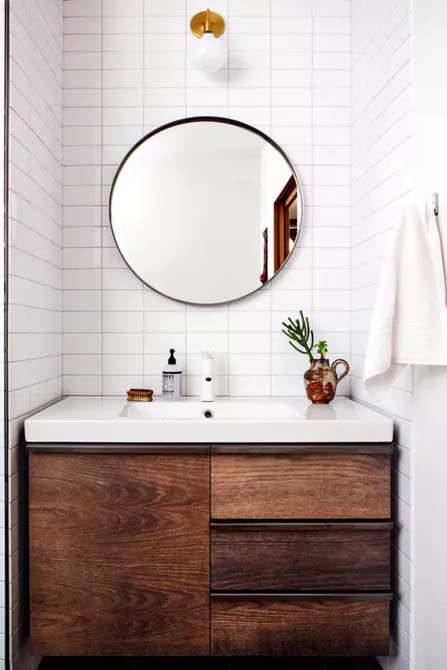 Stacked Subway Tile And Wood Vanity #bathroom #whiteshowertile #decorhomeideas