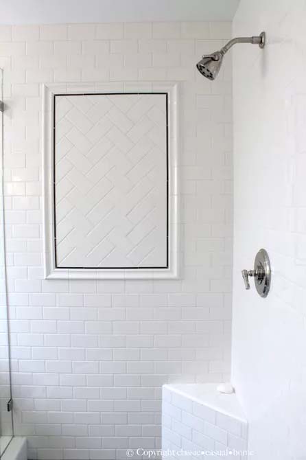 Subway Tile Shower With Herringbone Pattern #bathroom #whiteshowertile #decorhomeideas