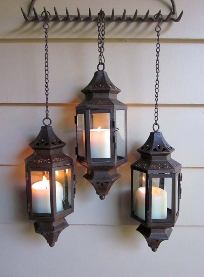 Three Pierced Lanterns on a Rake Hanger #rustic #porch #vintage #decorhomeideas