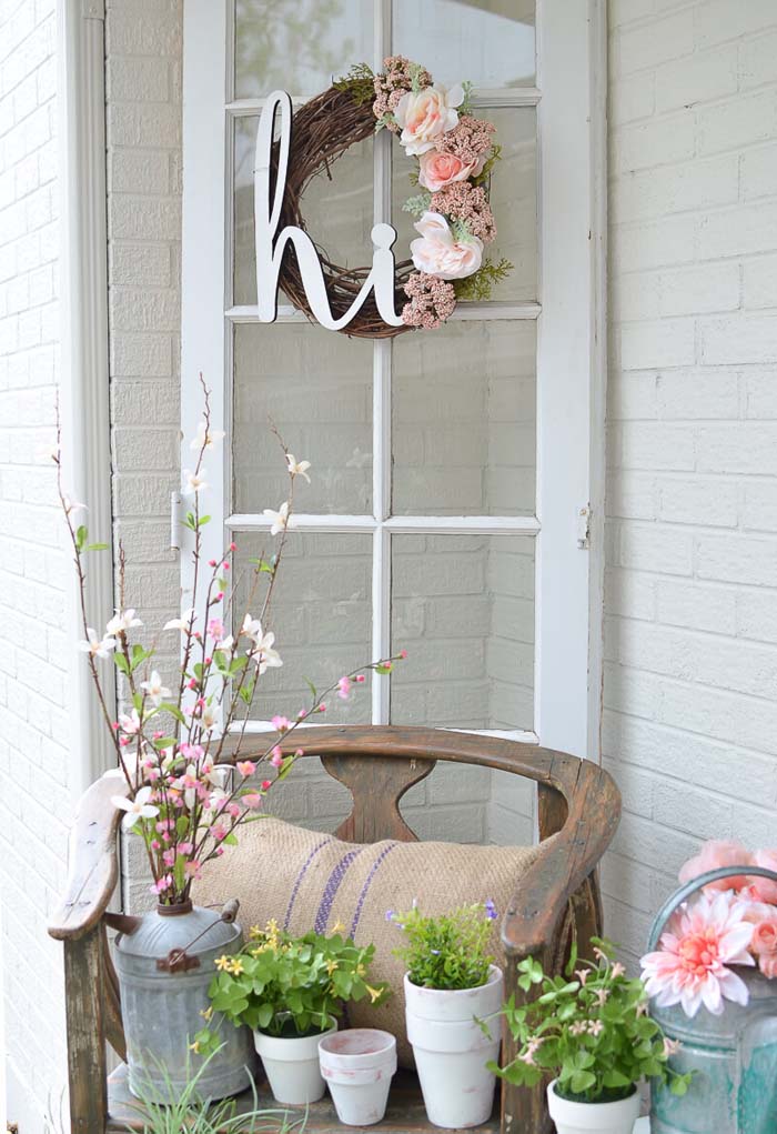 Twig and Flower Wreath, Water Can Vase #rustic #springdecor #porch #decorhomeideas