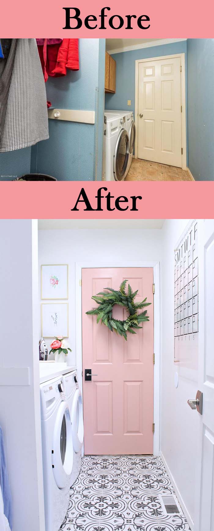 Updated Floor and Pretty in Pink Door #laundryroom #makeover #decorhomeideas