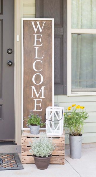 Wooden “Welcome” Sign and Metal Potted Plants #rustic #springdecor #porch #decorhomeideas