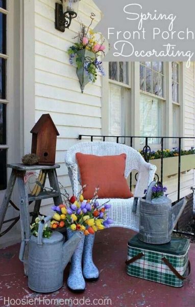 Wellies Bouquet and Galvanized Watering Can Vases #rustic #springdecor #porch #decorhomeideas