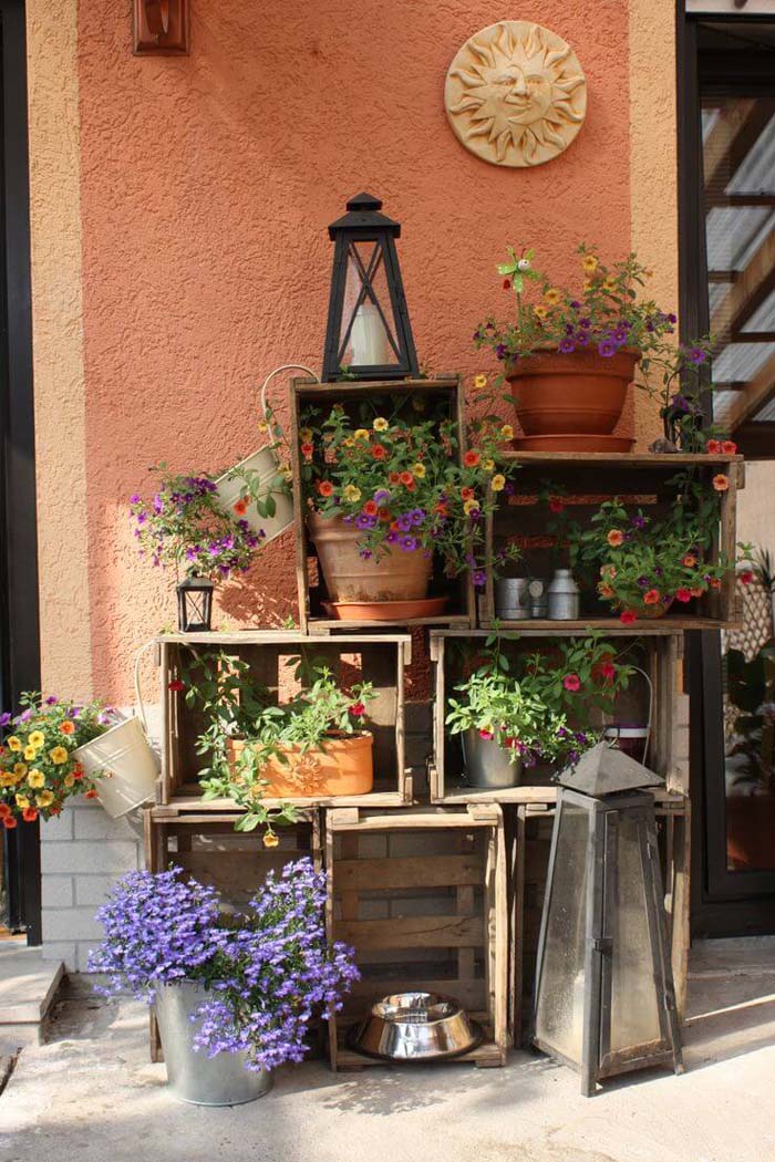 Wooden Crate Shelves With Potted Flowers #rustic #springdecor #porch #decorhomeideas