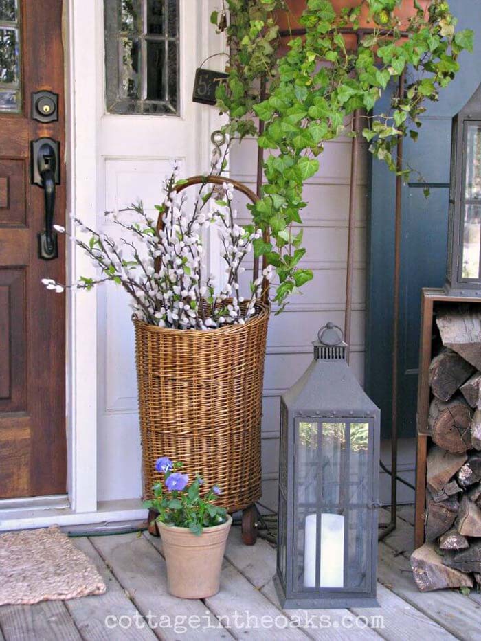 Woven Cotton Blossoms Basket and Gray Lamp #rustic #springdecor #porch #decorhomeideas