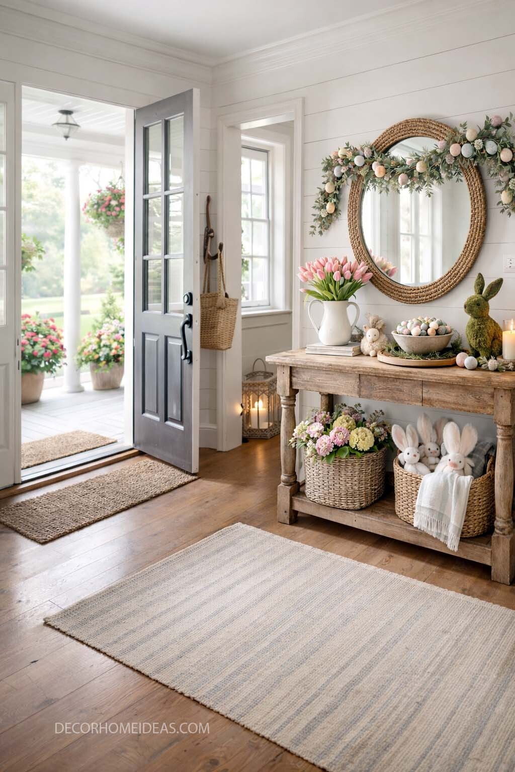 Cozy Spring Easter Entryway Decor with Farmhouse Console Table