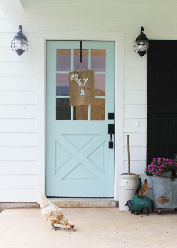 Baby Blue Paneled Barn Door Idea #farmhouse #frontdoor #decorhomeideas