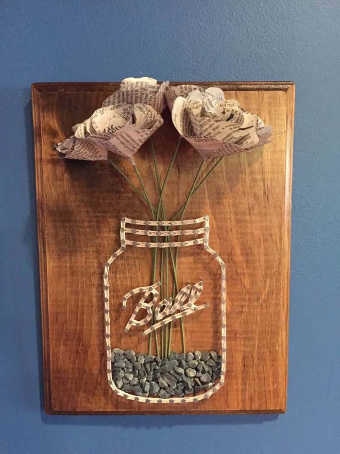 Ball Jar String Art with Newspaper Flowers #floral #homedecor #decorhomeideas