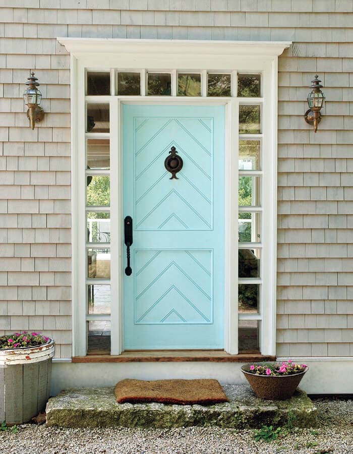 Bright Blue Patterned Front Door #farmhouse #frontdoor #decorhomeideas
