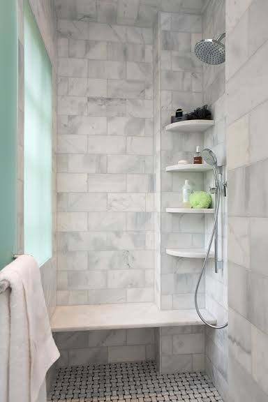 Grey And White Tiled Shower With Corner Shelves