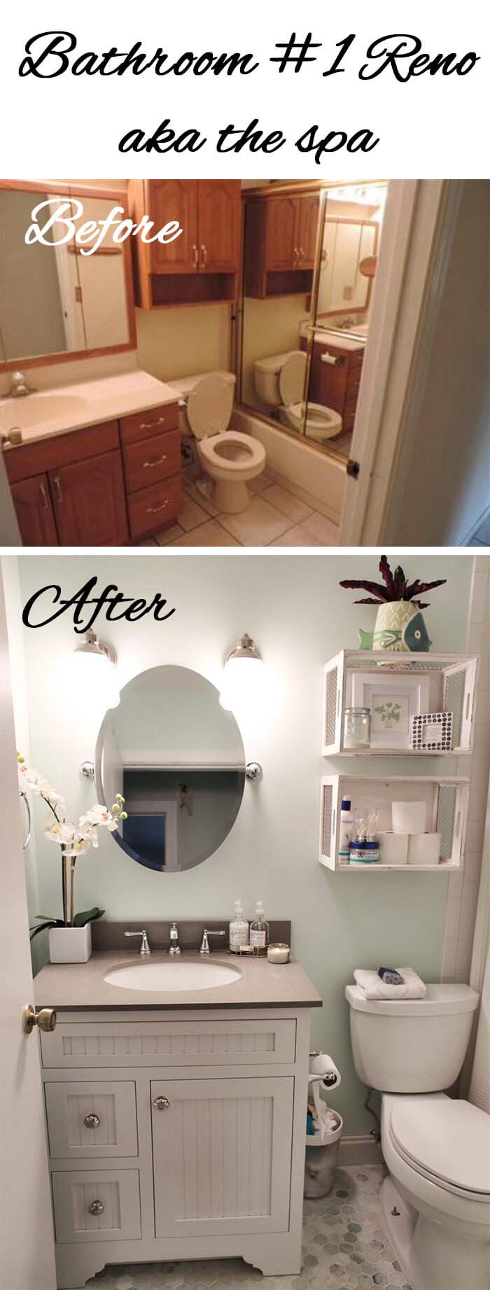 Light Colors and Open Storage Make the Room Bigger #bathroom #makeover #decorhomeideas