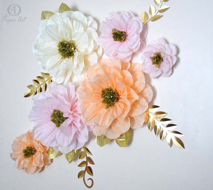 Luscious Tissue Flowers with Gold Foil Leaf #Easter #spring #vintagedecor #decorhomeideas