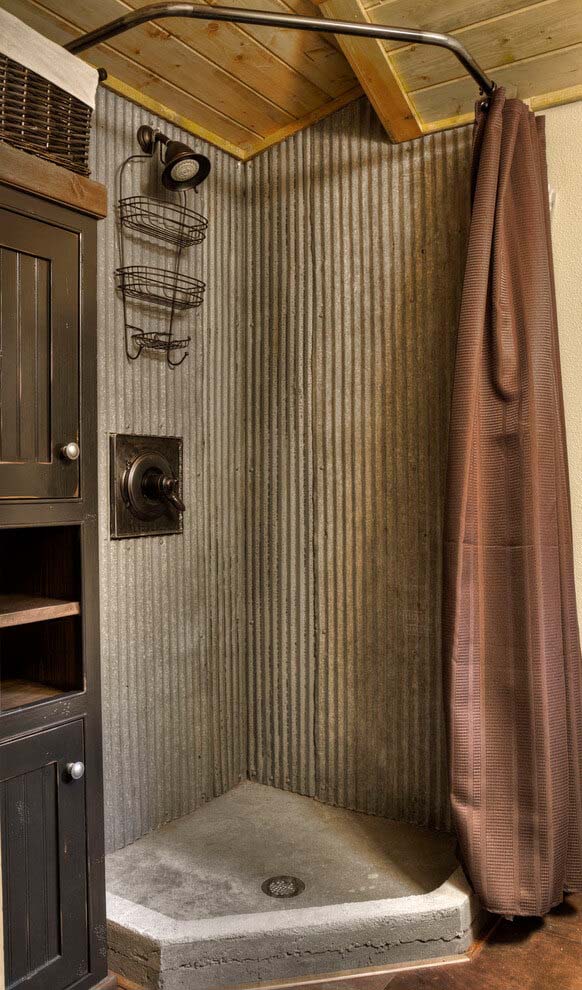 Masculine Corrugated Metal and Wood Shower Surround #smallbathroom #design #decorhomeideas